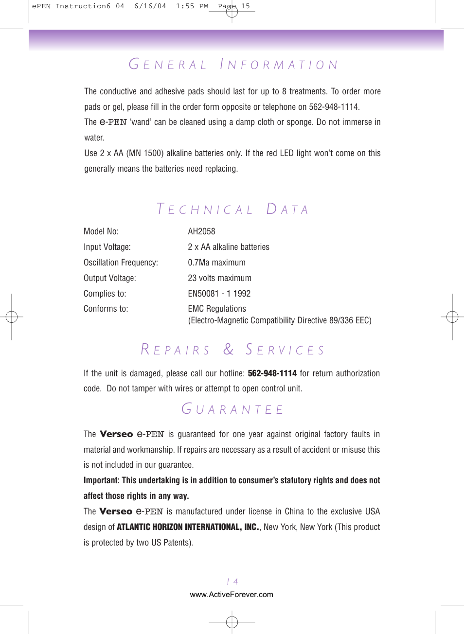 A t a | Activeforever Verseo ePen Permanent Hair Removal System User Manual | Page 15 / 15