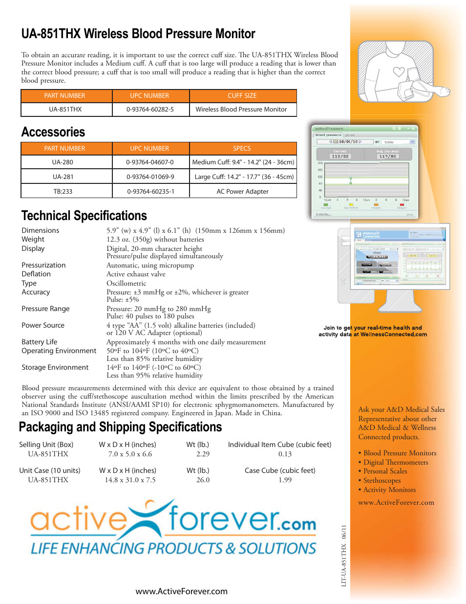 Accessories, Ua-851thx wireless blood pressure monitor, Packaging and shipping specifications | Technical specifications | Activeforever A & D Wireless Wellness Combination Pack (Each) User Manual | Page 2 / 2
