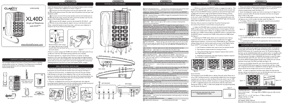 Xl40d, Ampli�ed telephone with dcp, User guide | Feature list and overview, Wall mounting your xl40d, Installing your xl40d, Caution: volume may be loud. proceed with care, Technical information, Contents & parts checklist, Outgoing speech amplification (osa) | Activeforever Clarity Professional XL40D Digital Loud Big Button Speakerphone User Manual | Page 2 / 2
