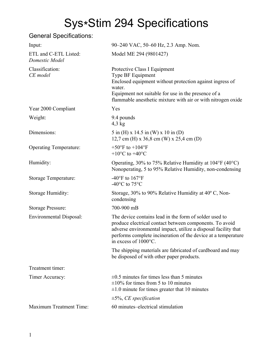 Activeforever Mettler Sys*Stim 294 4-Channel Neuromuscular Stimulator User Manual | 5 pages