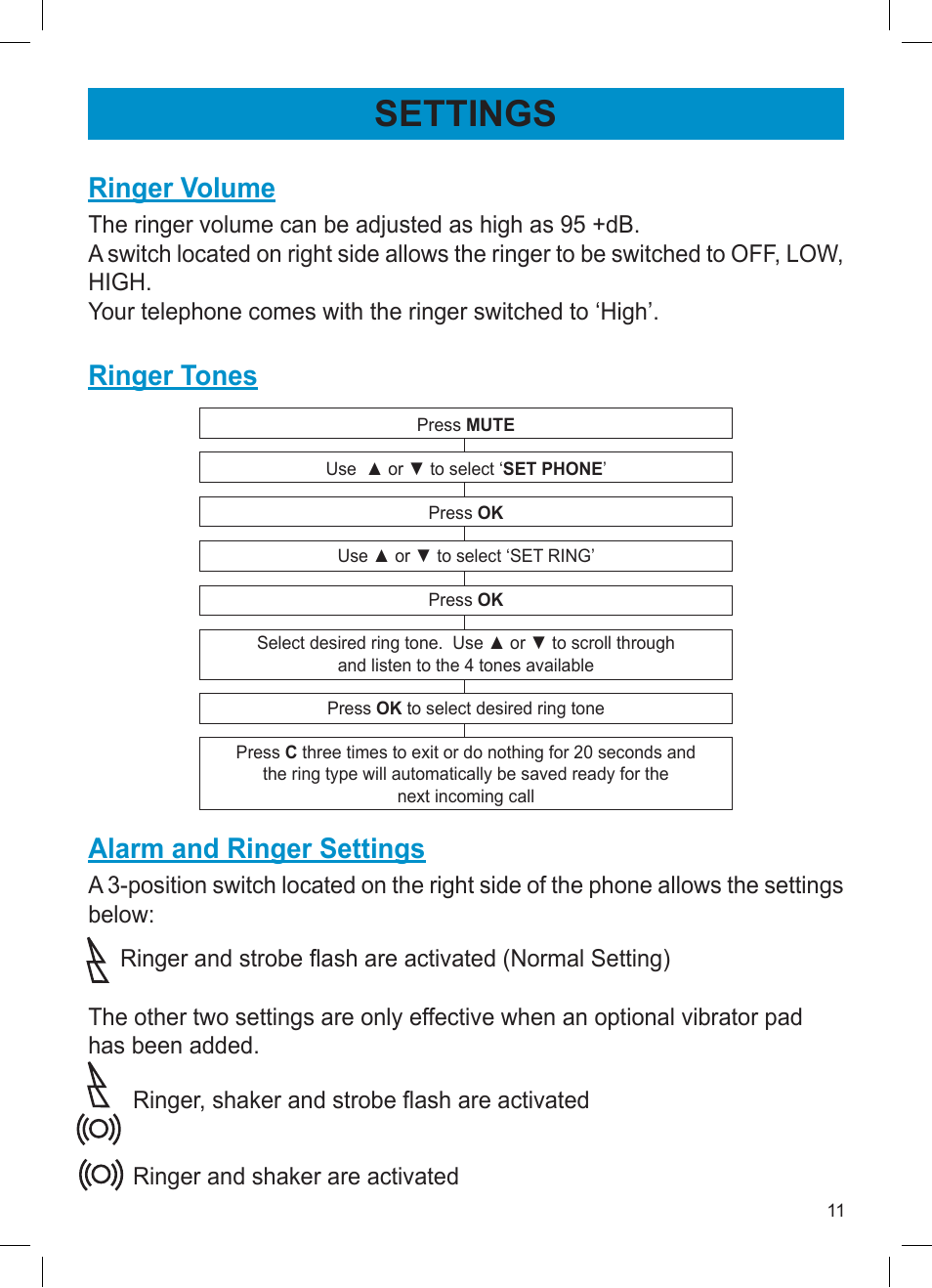 Settings, Ringer volume, Ringer tones | Alarm and ringer settings | Activeforever Geemarc AMPLI600 Emergency Response Phone User Manual | Page 11 / 47