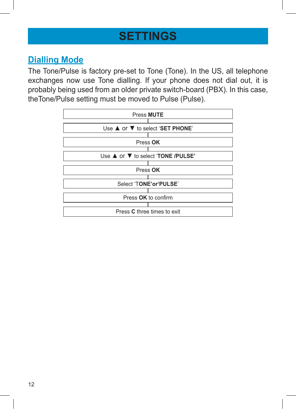 Settings, Dialling mode | Activeforever Geemarc AMPLI600 Emergency Response Phone User Manual | Page 12 / 47