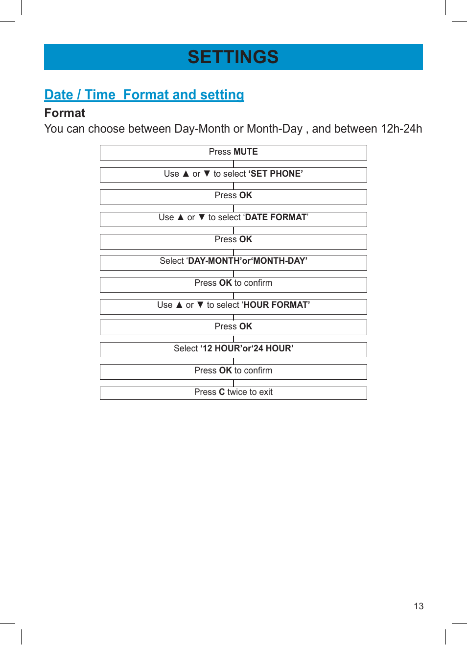 Settings, Date / time format and setting | Activeforever Geemarc AMPLI600 Emergency Response Phone User Manual | Page 13 / 47