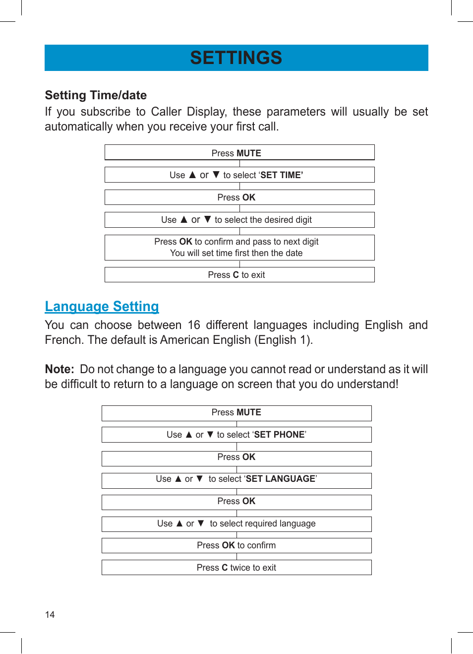 Settings, Language setting | Activeforever Geemarc AMPLI600 Emergency Response Phone User Manual | Page 14 / 47
