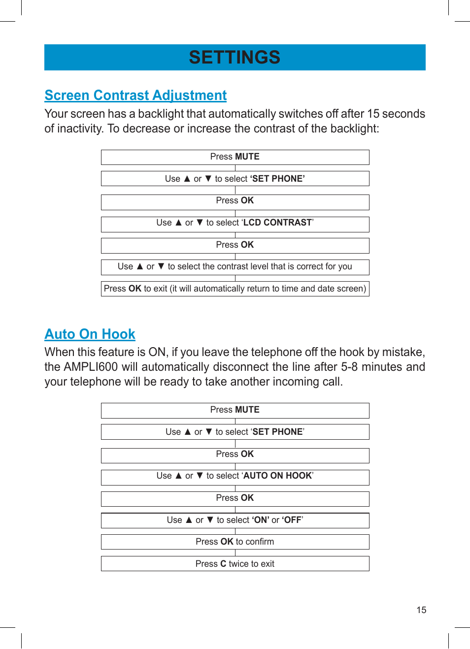 Settings, Screen contrast adjustment, Auto on hook | Activeforever Geemarc AMPLI600 Emergency Response Phone User Manual | Page 15 / 47