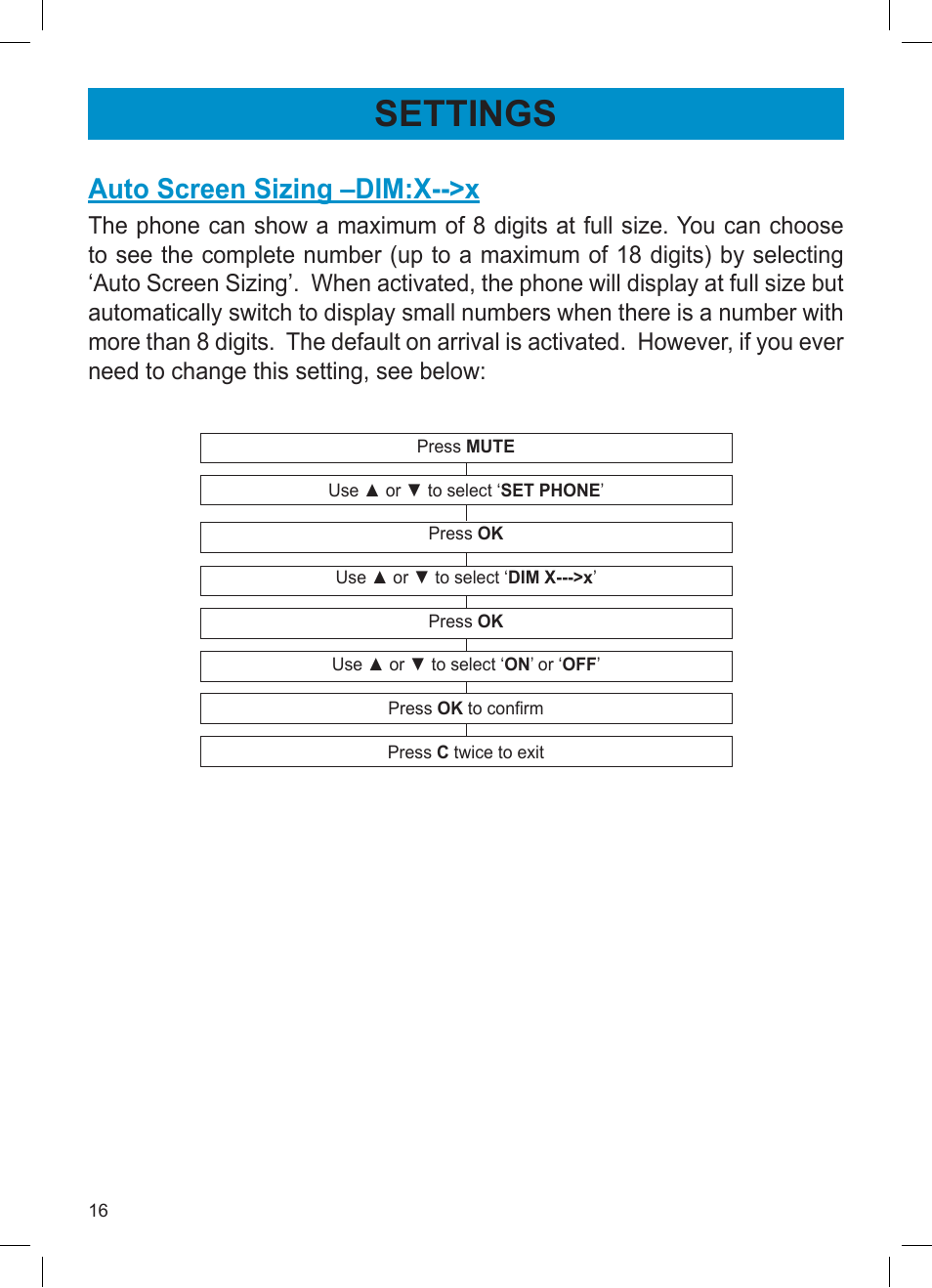 Settings, Auto screen sizing –dim:x-->x | Activeforever Geemarc AMPLI600 Emergency Response Phone User Manual | Page 16 / 47