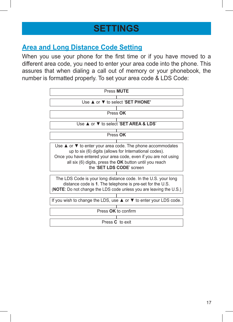 Settings, Area and long distance code setting | Activeforever Geemarc AMPLI600 Emergency Response Phone User Manual | Page 17 / 47