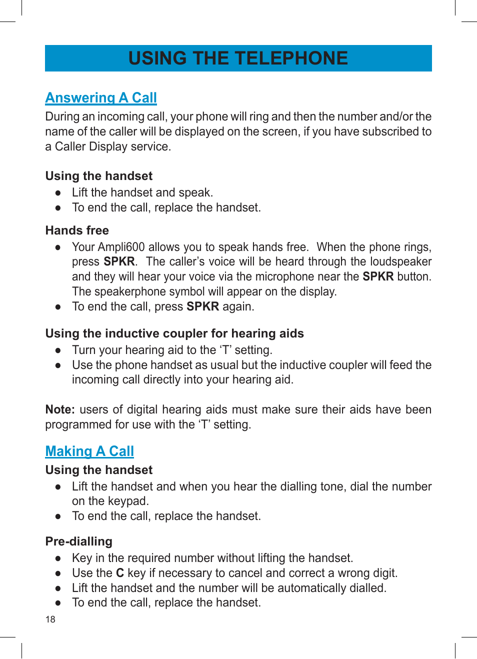 Using the telephone | Activeforever Geemarc AMPLI600 Emergency Response Phone User Manual | Page 18 / 47