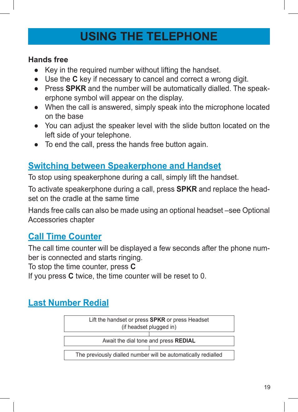 Using the telephone, Switching between speakerphone and handset, Call time counter | Last number redial | Activeforever Geemarc AMPLI600 Emergency Response Phone User Manual | Page 19 / 47