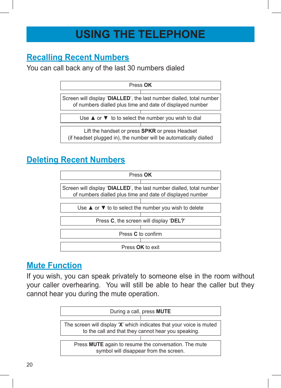 Using the telephone, Recalling recent numbers, Deleting recent numbers | Mute function | Activeforever Geemarc AMPLI600 Emergency Response Phone User Manual | Page 20 / 47