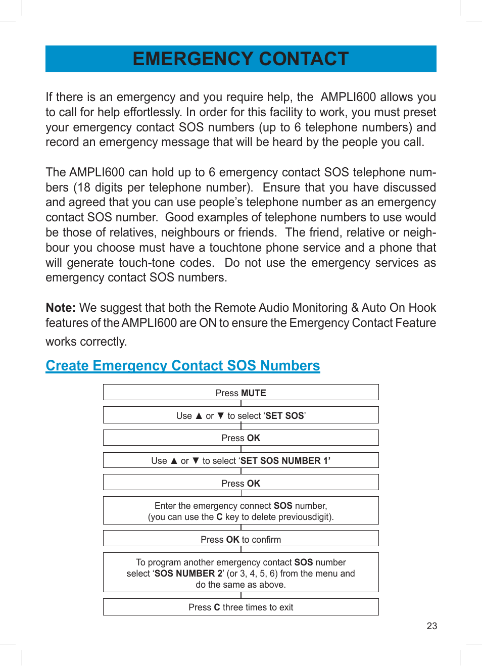 Emergency contact, Create emergency contact sos numbers | Activeforever Geemarc AMPLI600 Emergency Response Phone User Manual | Page 23 / 47