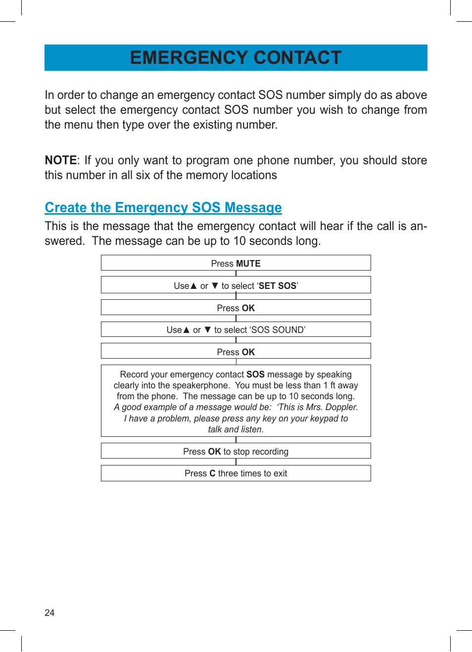 Emergency contact, Create the emergency sos message | Activeforever Geemarc AMPLI600 Emergency Response Phone User Manual | Page 24 / 47