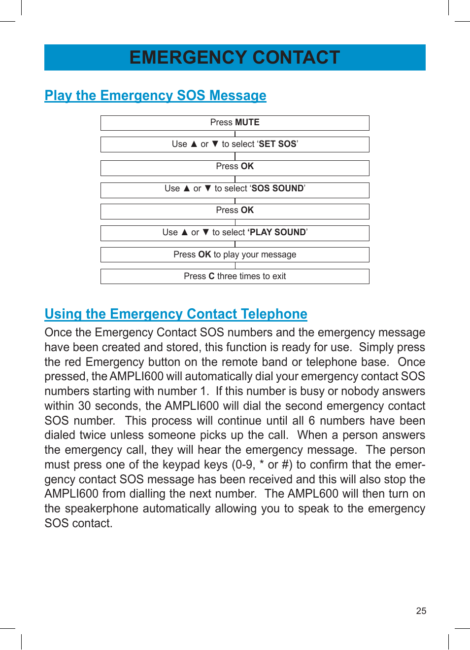 Emergency contact, Play the emergency sos message, Using the emergency contact telephone | Activeforever Geemarc AMPLI600 Emergency Response Phone User Manual | Page 25 / 47