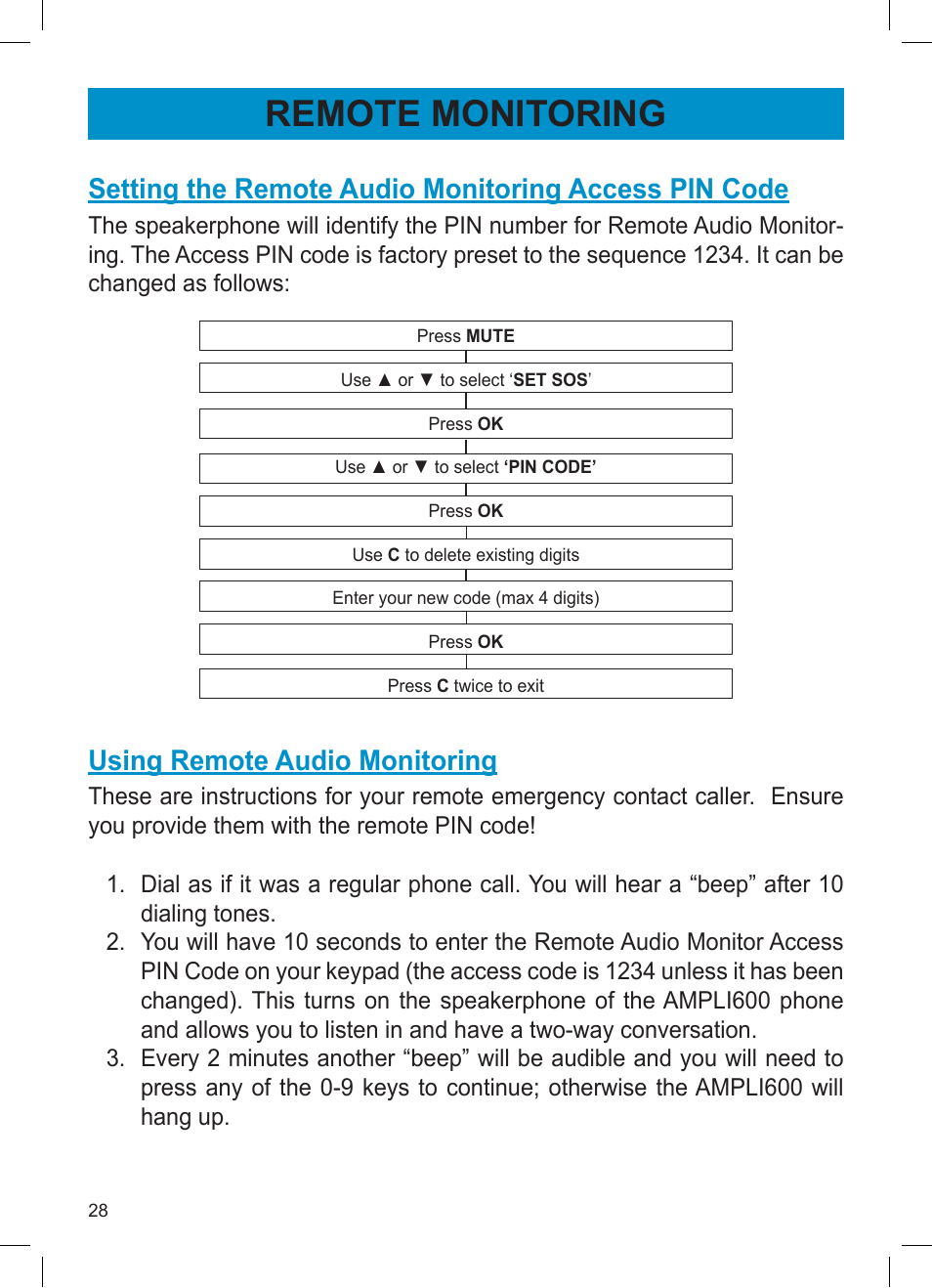Remote monitoring, Using remote audio monitoring | Activeforever Geemarc AMPLI600 Emergency Response Phone User Manual | Page 28 / 47