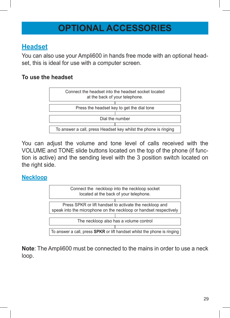 Optional accessories, Headset | Activeforever Geemarc AMPLI600 Emergency Response Phone User Manual | Page 29 / 47
