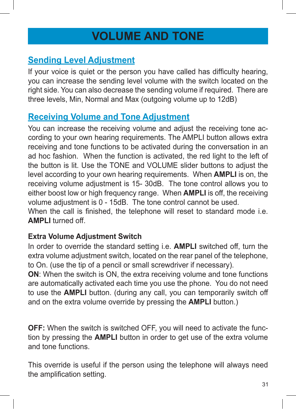Volume and tone | Activeforever Geemarc AMPLI600 Emergency Response Phone User Manual | Page 31 / 47