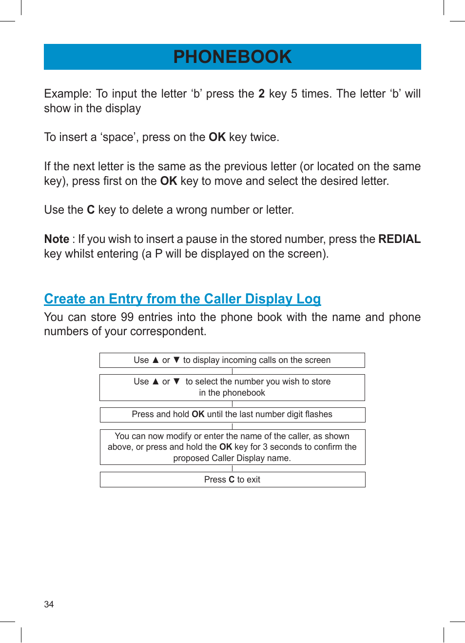 Phonebook, Create an entry from the caller display log | Activeforever Geemarc AMPLI600 Emergency Response Phone User Manual | Page 34 / 47