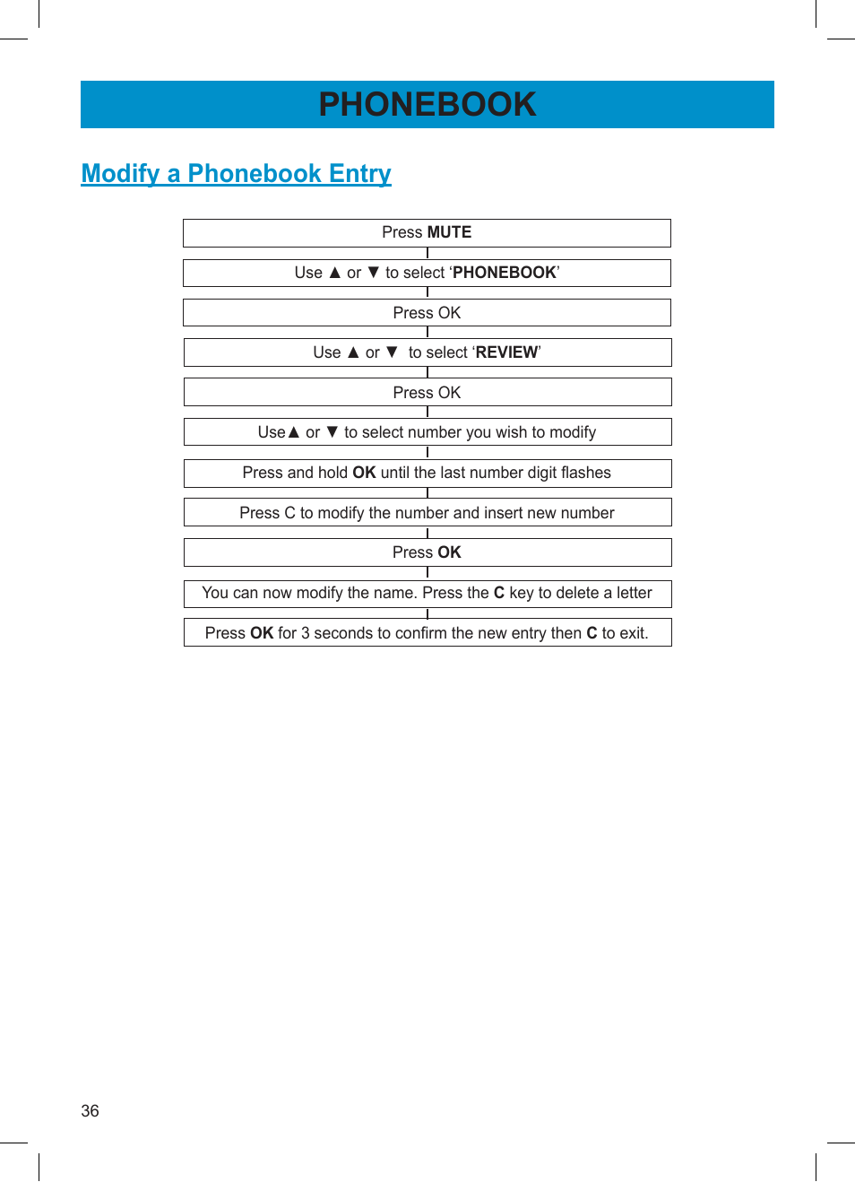 Phonebook, Modify a phonebook entry | Activeforever Geemarc AMPLI600 Emergency Response Phone User Manual | Page 36 / 47