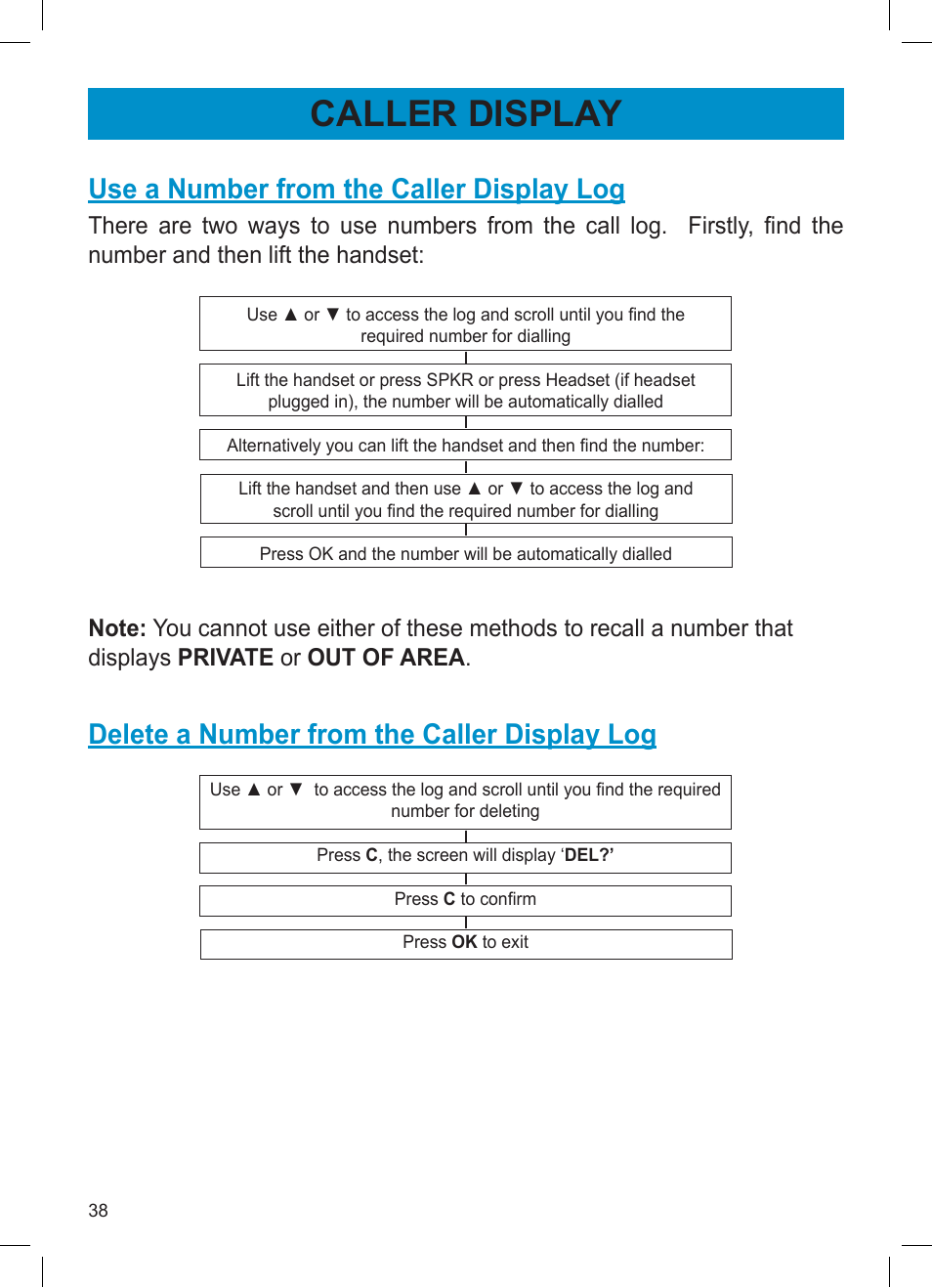 Caller display, Use a number from the caller display log, Delete a number from the caller display log | Activeforever Geemarc AMPLI600 Emergency Response Phone User Manual | Page 38 / 47