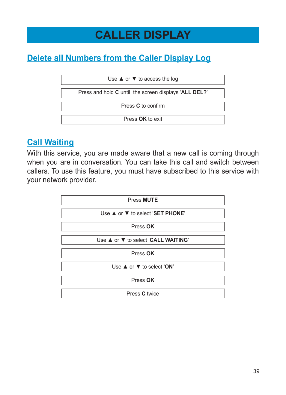 Caller display, Delete all numbers from the caller display log, Call waiting | Activeforever Geemarc AMPLI600 Emergency Response Phone User Manual | Page 39 / 47