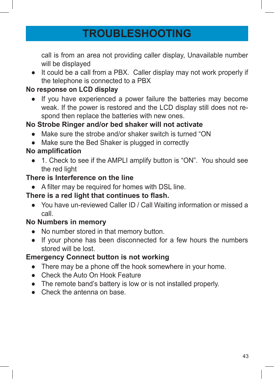Troubleshooting | Activeforever Geemarc AMPLI600 Emergency Response Phone User Manual | Page 43 / 47