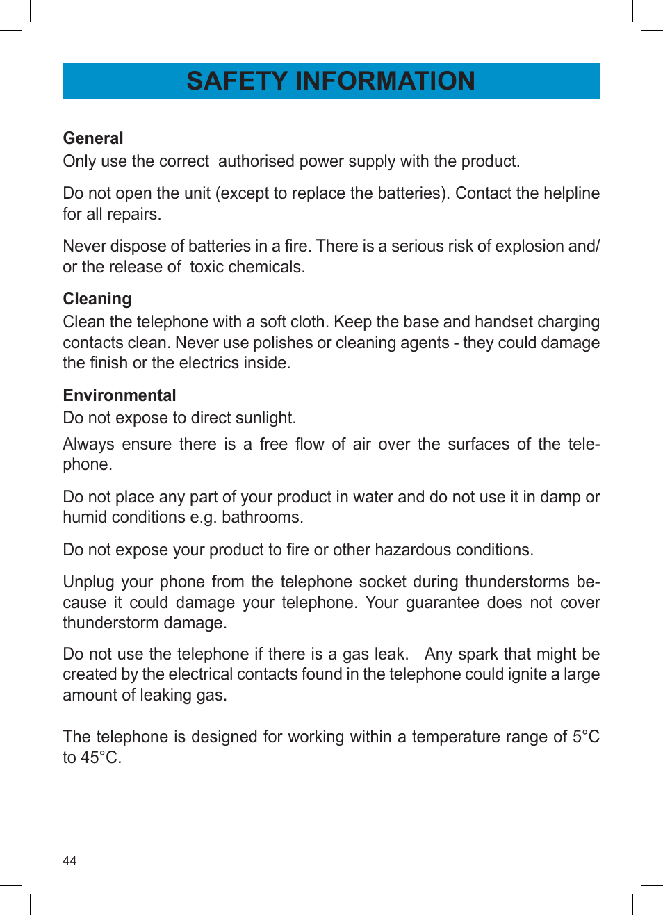 Safety information | Activeforever Geemarc AMPLI600 Emergency Response Phone User Manual | Page 44 / 47