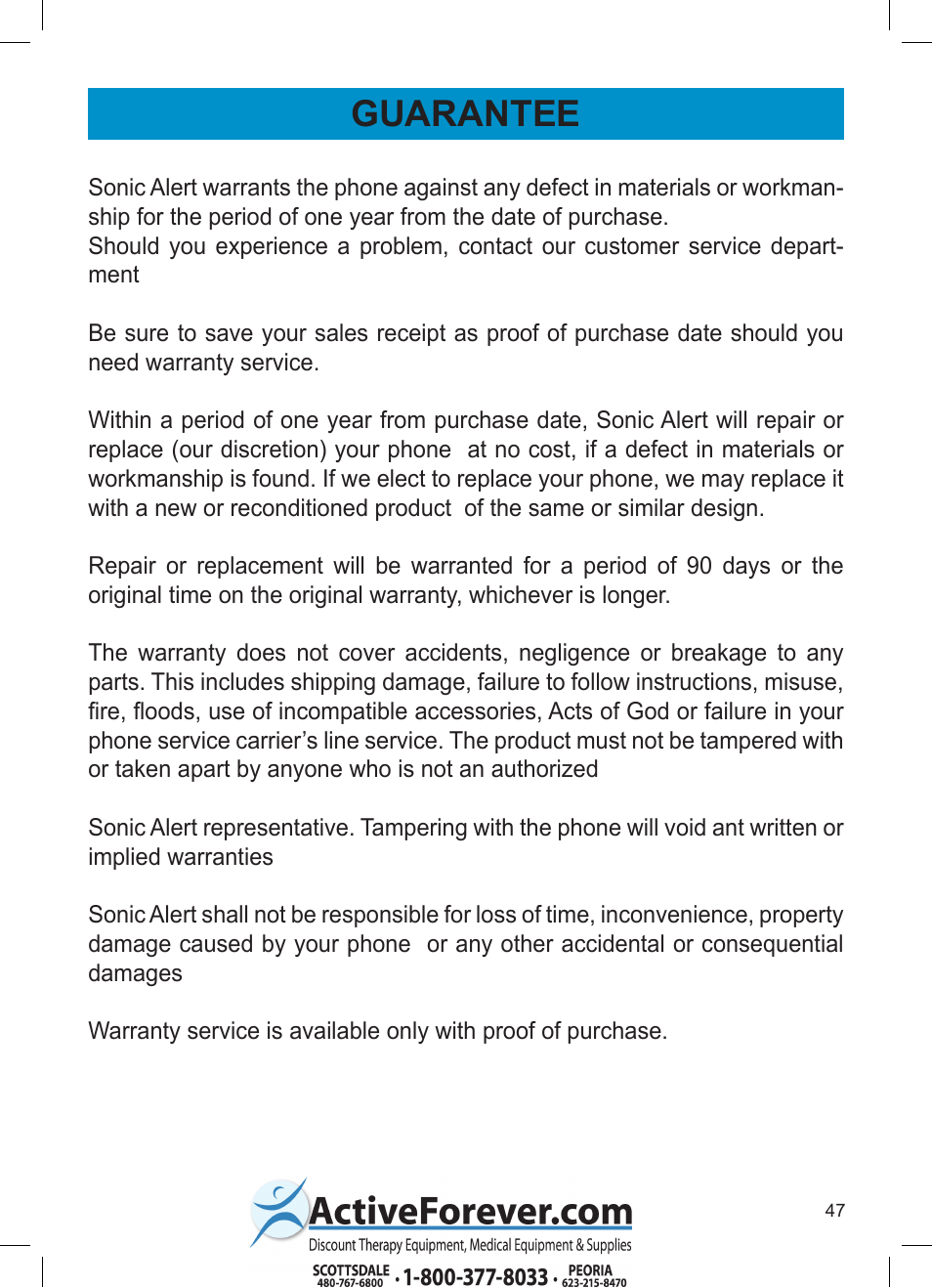 Guarantee | Activeforever Geemarc AMPLI600 Emergency Response Phone User Manual | Page 47 / 47