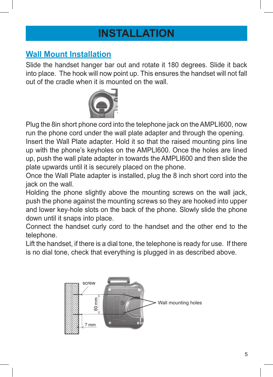 Installation, Wall mount installation | Activeforever Geemarc AMPLI600 Emergency Response Phone User Manual | Page 5 / 47