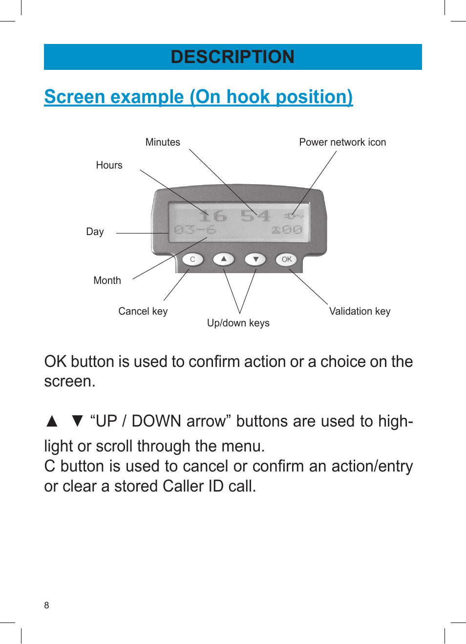 Screen example (on hook position), Description | Activeforever Geemarc AMPLI600 Emergency Response Phone User Manual | Page 8 / 47