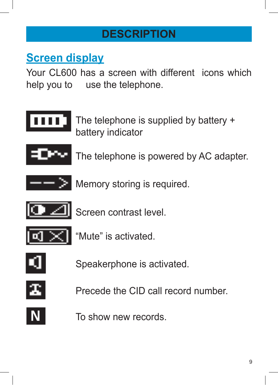 Screen display, Description | Activeforever Geemarc AMPLI600 Emergency Response Phone User Manual | Page 9 / 47