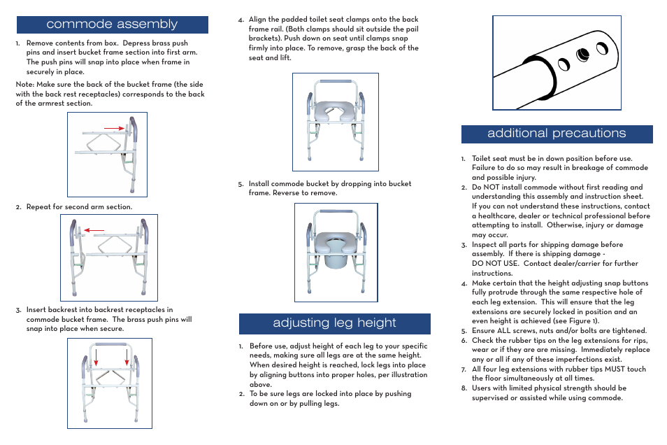 Commode assembly, Adjusting leg height, Additional precautions | Activeforever Drive Wheeled Drop Arm Commode User Manual | Page 2 / 2