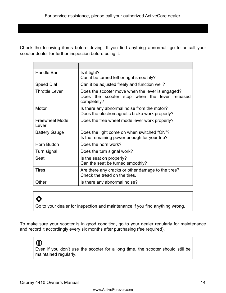 Daily checking, Inspection & maintenance | Activeforever ActiveCare Osprey 4410 Mobility Scooter User Manual | Page 15 / 24