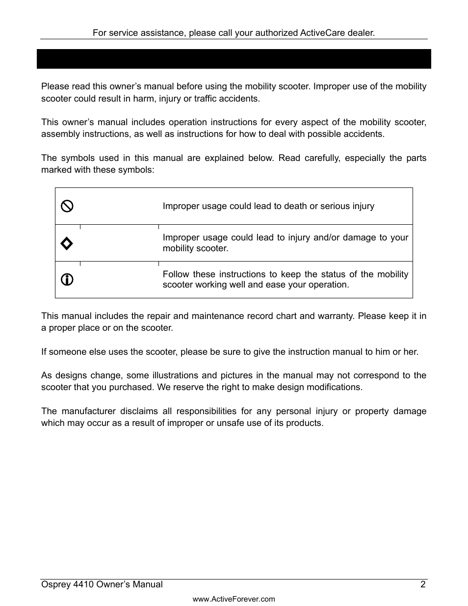 Preface | Activeforever ActiveCare Osprey 4410 Mobility Scooter User Manual | Page 3 / 24