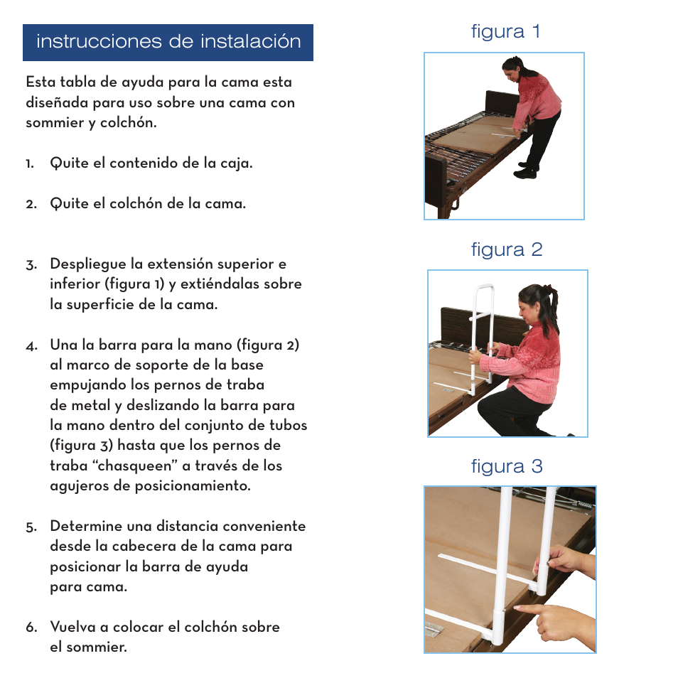 Instrucciones de instalación, Figura 1 figura 2 figura 3 | Activeforever Drive Medical Bed Assist Rail with Folding Bed Board (Drive Bed Assist Rail with Bed Board) User Manual | Page 3 / 6