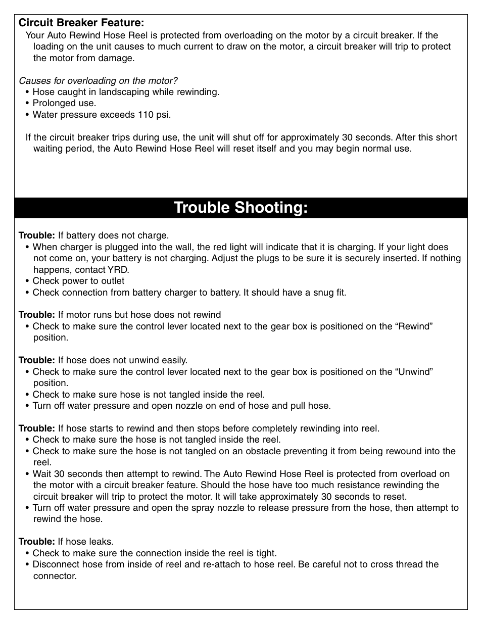 Trouble shooting | Activeforever HydroHose Automatic Rewind 75ft Hose Reel User Manual | Page 5 / 6