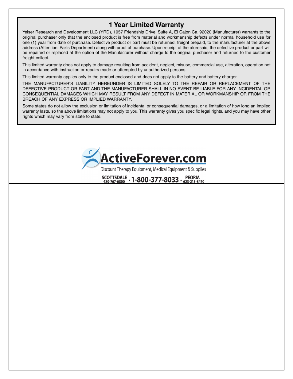 1 year limited warranty | Activeforever HydroHose Automatic Rewind 75ft Hose Reel User Manual | Page 6 / 6