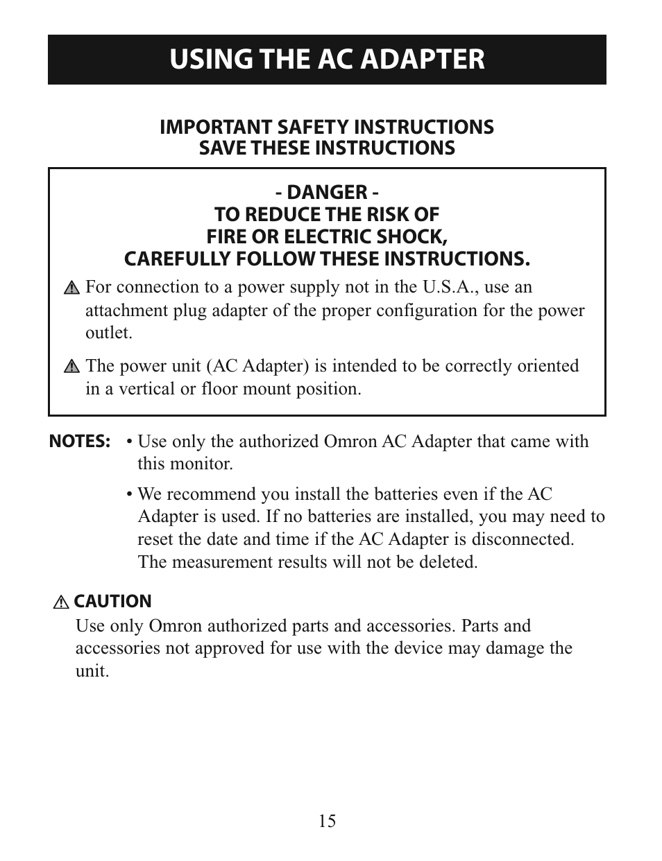 Using the ac adapter | Activeforever Omron 7-Series Upper Arm Blood Pressure Monitor (7 Series) User Manual | Page 15 / 44
