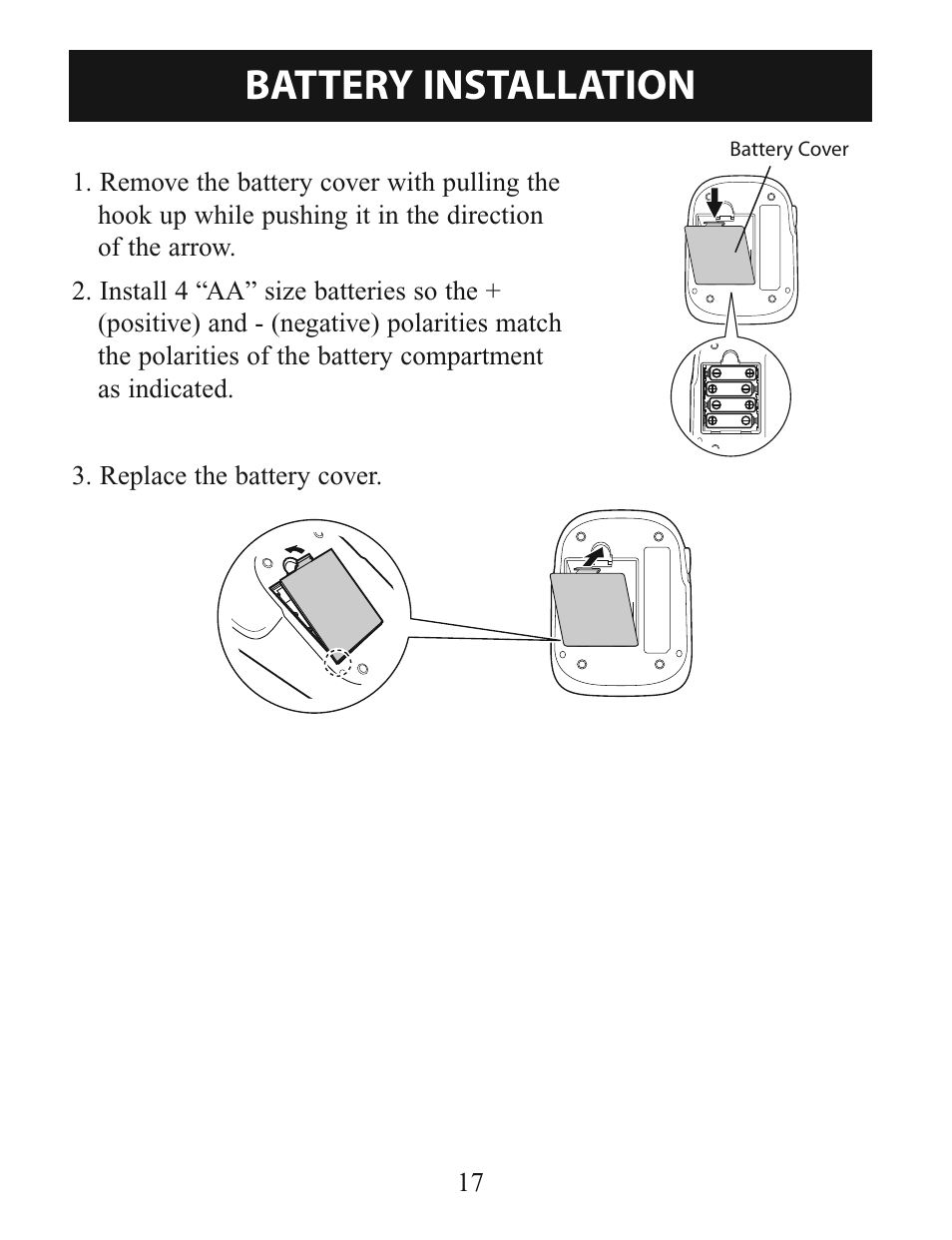 Battery installation | Activeforever Omron 7-Series Upper Arm Blood Pressure Monitor (7 Series) User Manual | Page 17 / 44