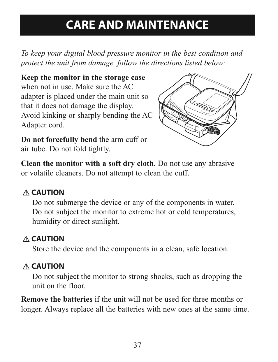 Care and maintenance | Activeforever Omron 7-Series Upper Arm Blood Pressure Monitor (7 Series) User Manual | Page 37 / 44