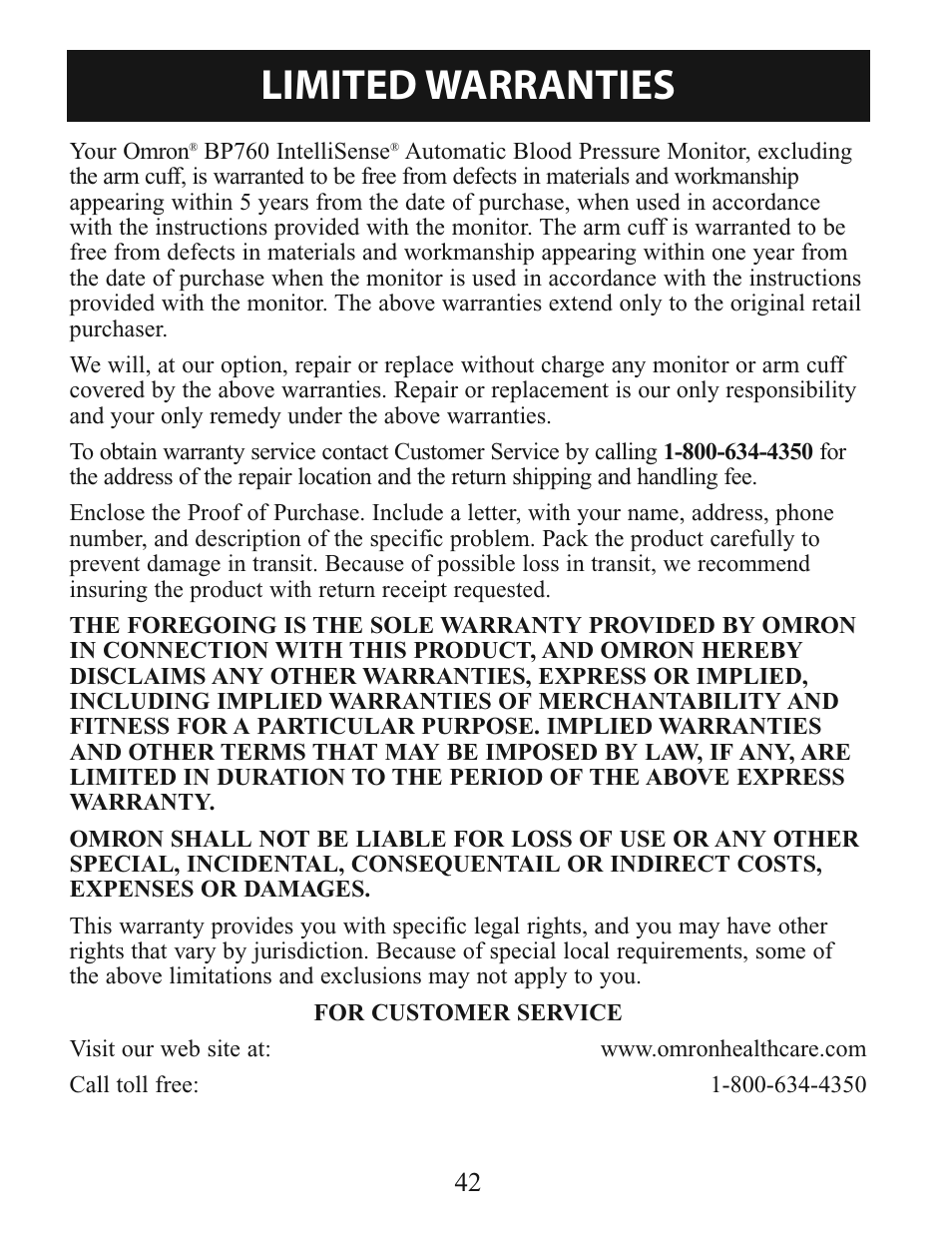 Limited warranties | Activeforever Omron 7-Series Upper Arm Blood Pressure Monitor (7 Series) User Manual | Page 42 / 44
