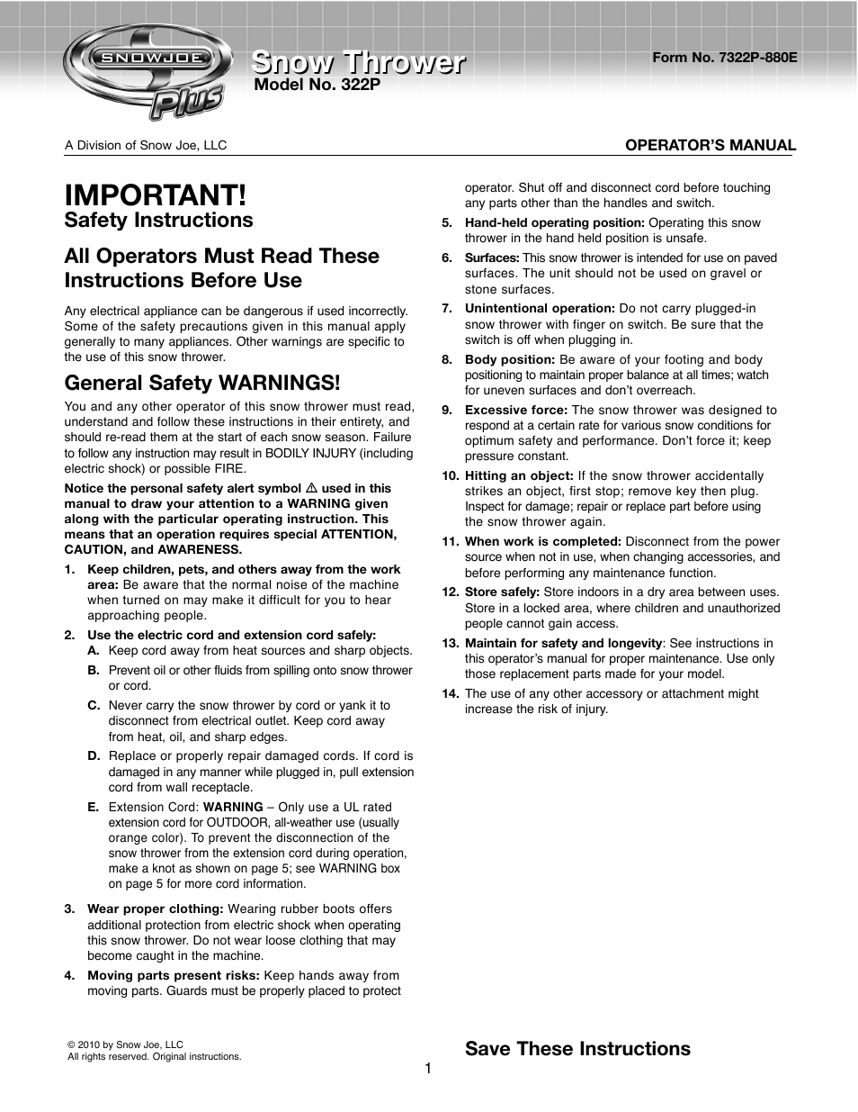 Activeforever Snow Joe Plus 322P Electric Snow Thrower User Manual | 8 pages