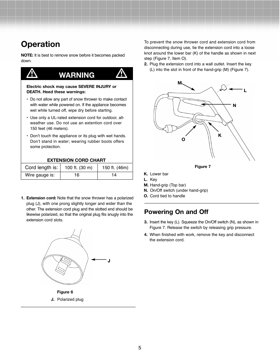 Operation, Warning, Powering on and off | Activeforever Snow Joe Plus 322P Electric Snow Thrower User Manual | Page 5 / 8