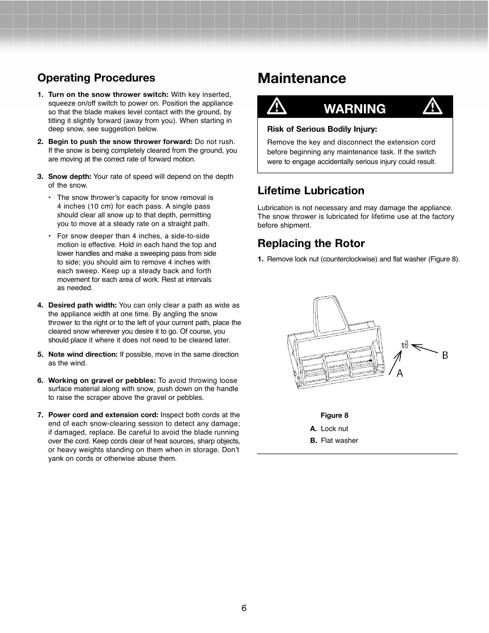 Maintenance, Warning, Operating procedures | Lifetime lubrication, Replacing the rotor | Activeforever Snow Joe Plus 322P Electric Snow Thrower User Manual | Page 6 / 8