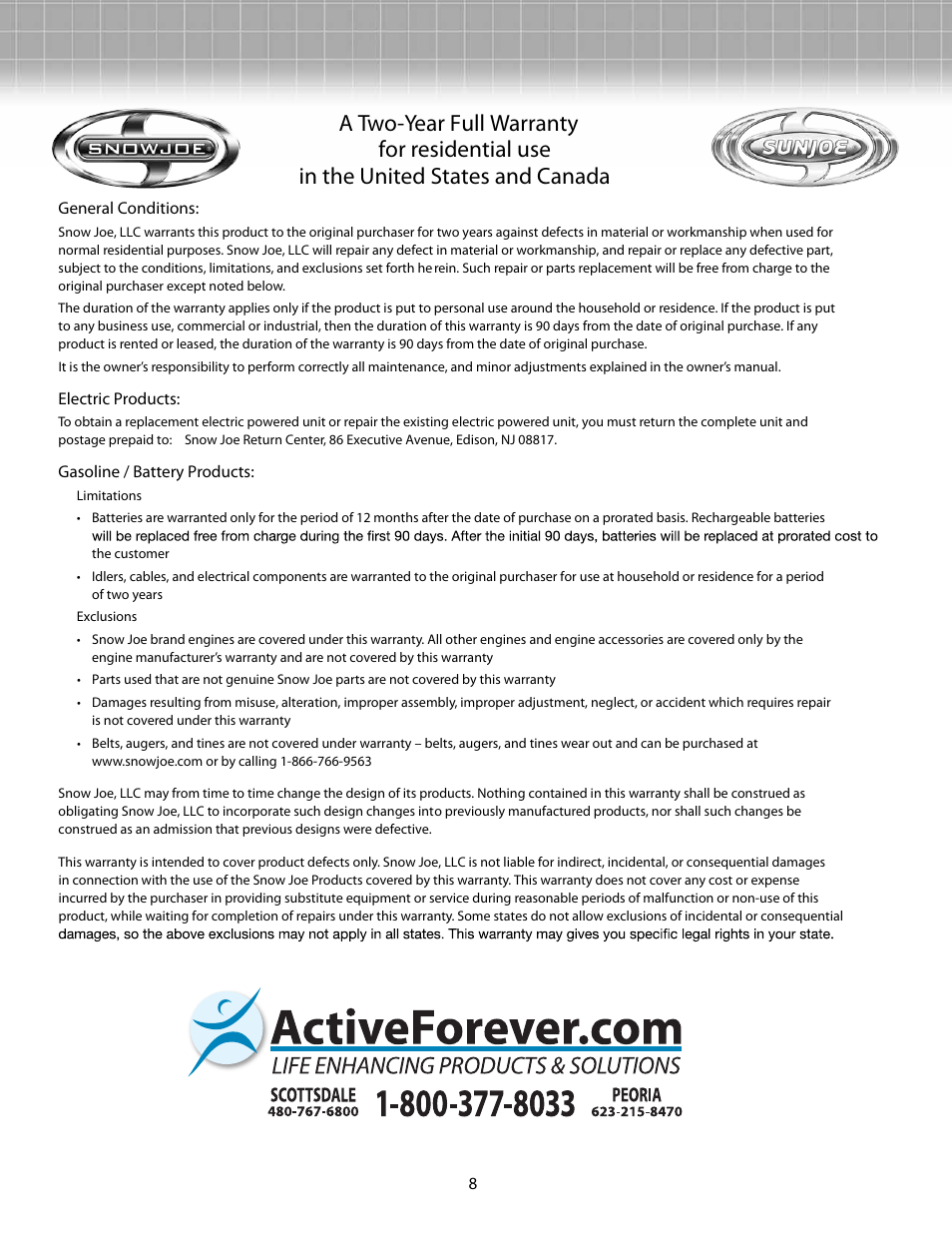 Activeforever Snow Joe Plus 322P Electric Snow Thrower User Manual | Page 8 / 8