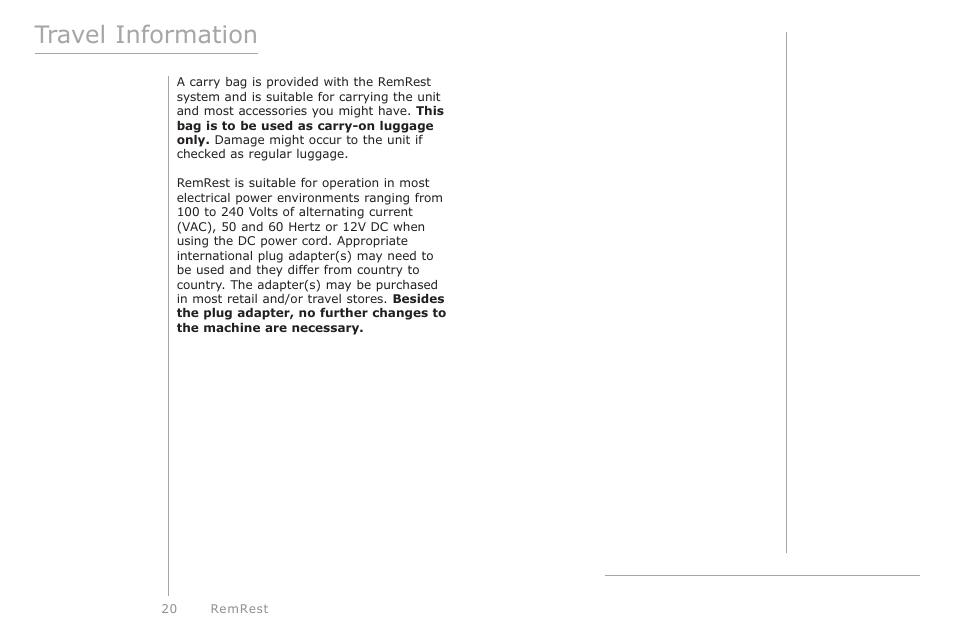Travel information | Activeforever RemRest 901 CPAP Machine User Manual | Page 20 / 24