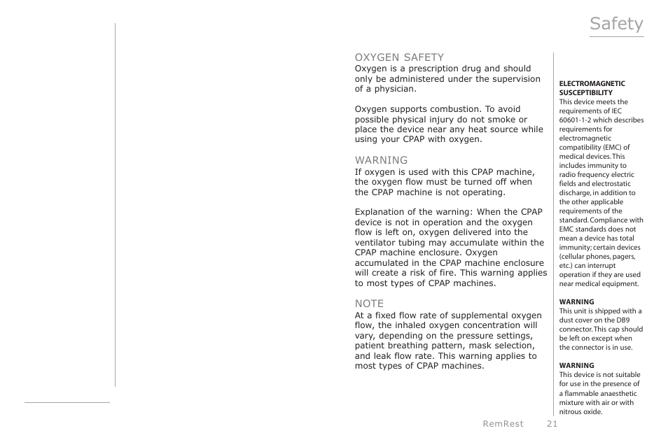 Safety, Oxygen safety, Warning | Activeforever RemRest 901 CPAP Machine User Manual | Page 21 / 24