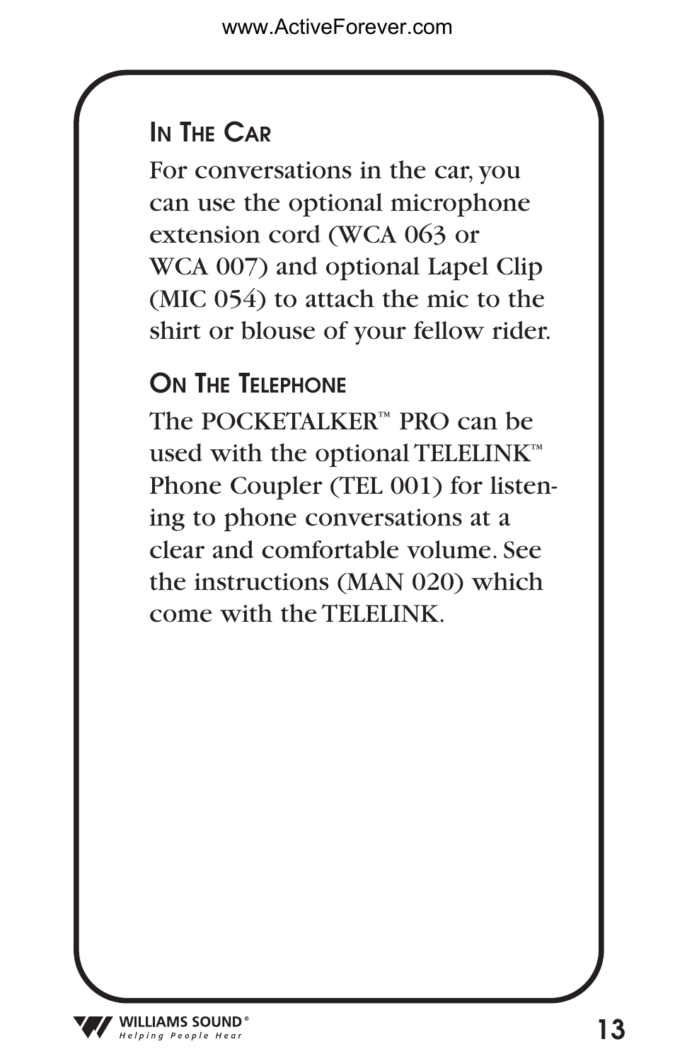 13 i, The pocketalker, Pro can be used with the optional telelink | Activeforever Pocket Talker Pro System User Manual | Page 13 / 37