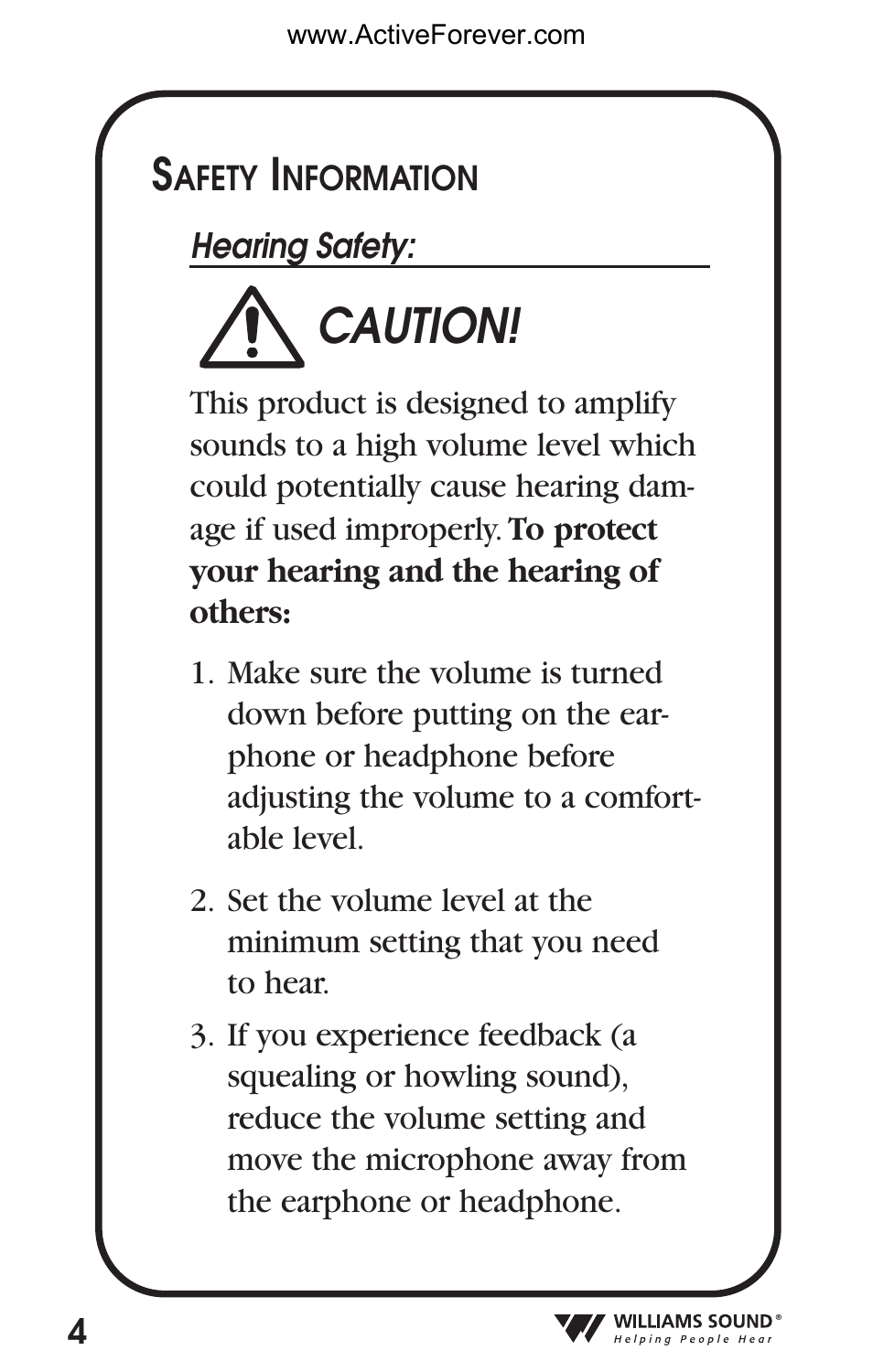 Caution | Activeforever Pocket Talker Pro System User Manual | Page 4 / 37