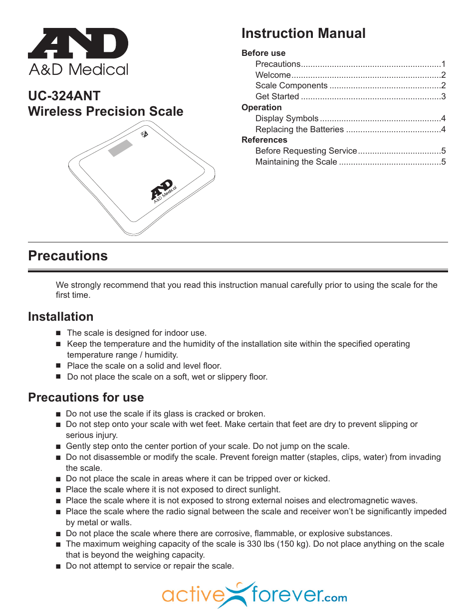 Activeforever A & D Wireless Precision Scale (Each) User Manual | 5 pages