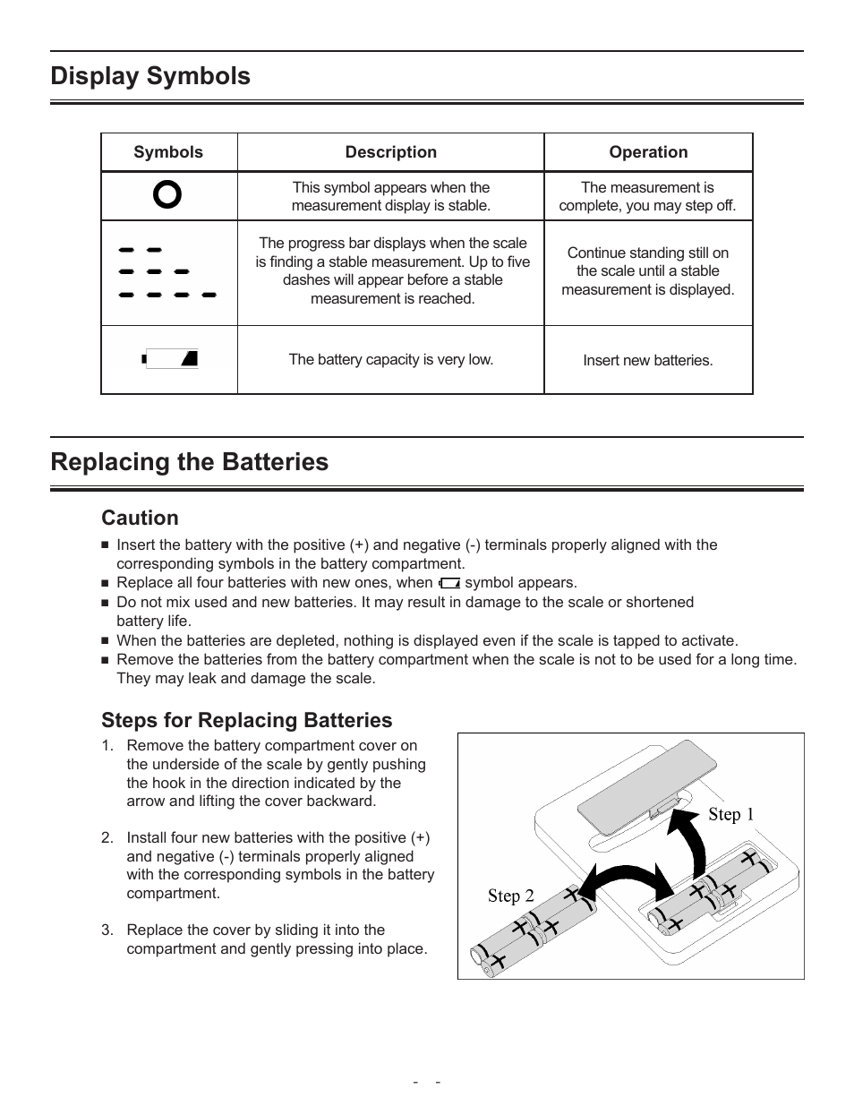 Display symbols replacing the batteries, Caution, Steps for replacing batteries | Activeforever A & D Wireless Precision Scale (Each) User Manual | Page 4 / 5